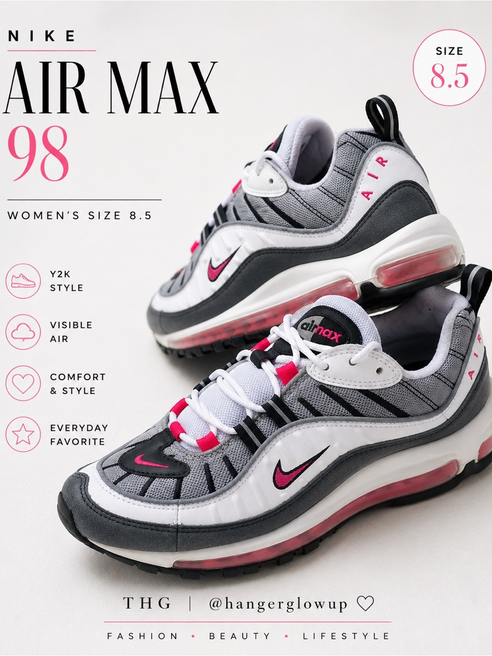 Nike Air Max 98 Sneakers – Gray/White w/ Pink Accents | Women’s 8.5